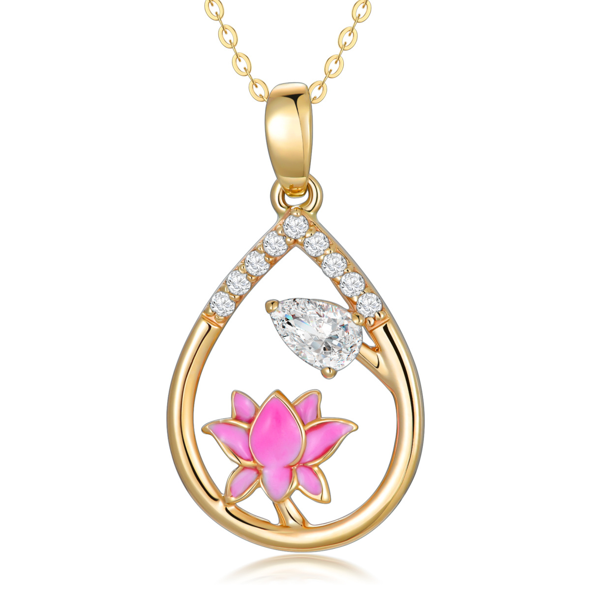 Collier en or 14K avec pendentif Lotus en zircon cubique en forme de poire-1