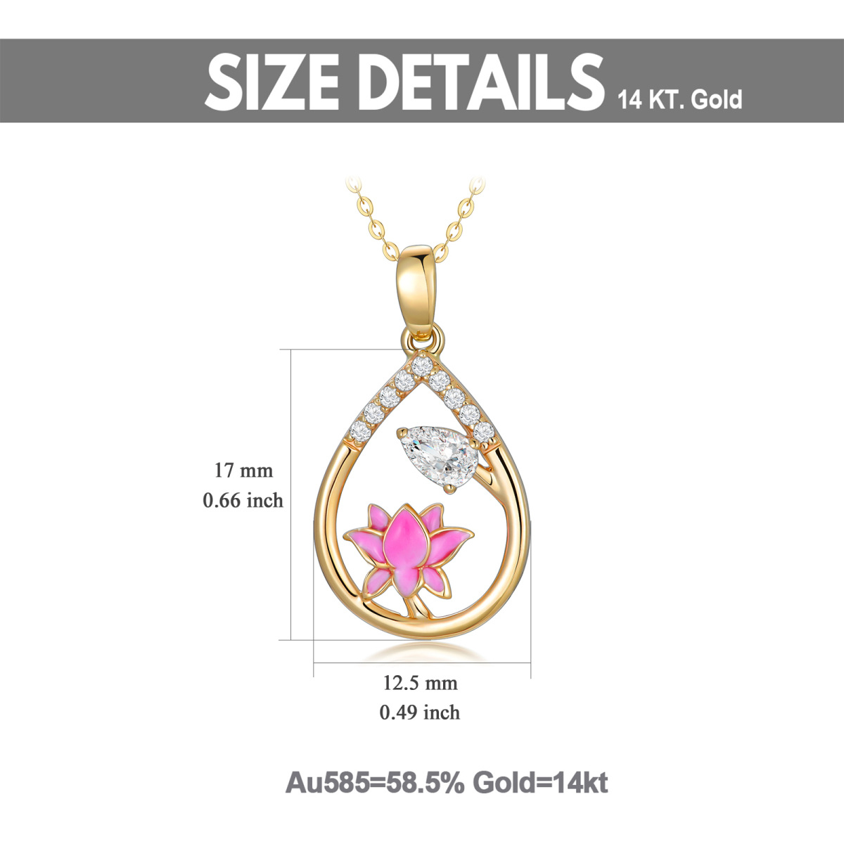 14K Gold Pear Shaped Cubic Zirconia Lotus Pendant Necklace-6