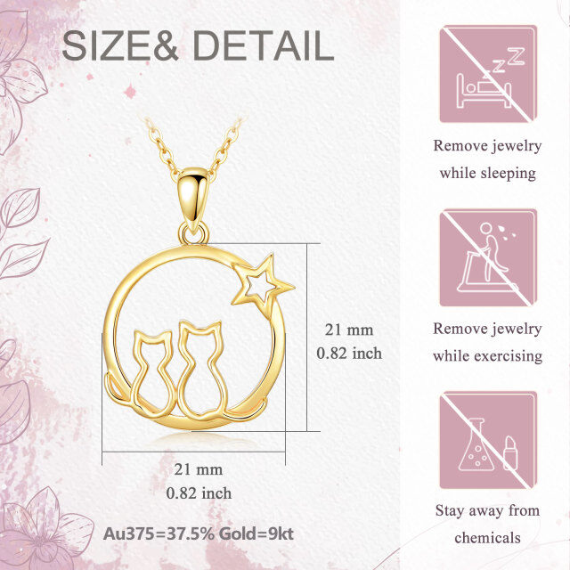 9K Gold Circular Shaped Cubic Zirconia Cat & Star Pendant Necklace-2