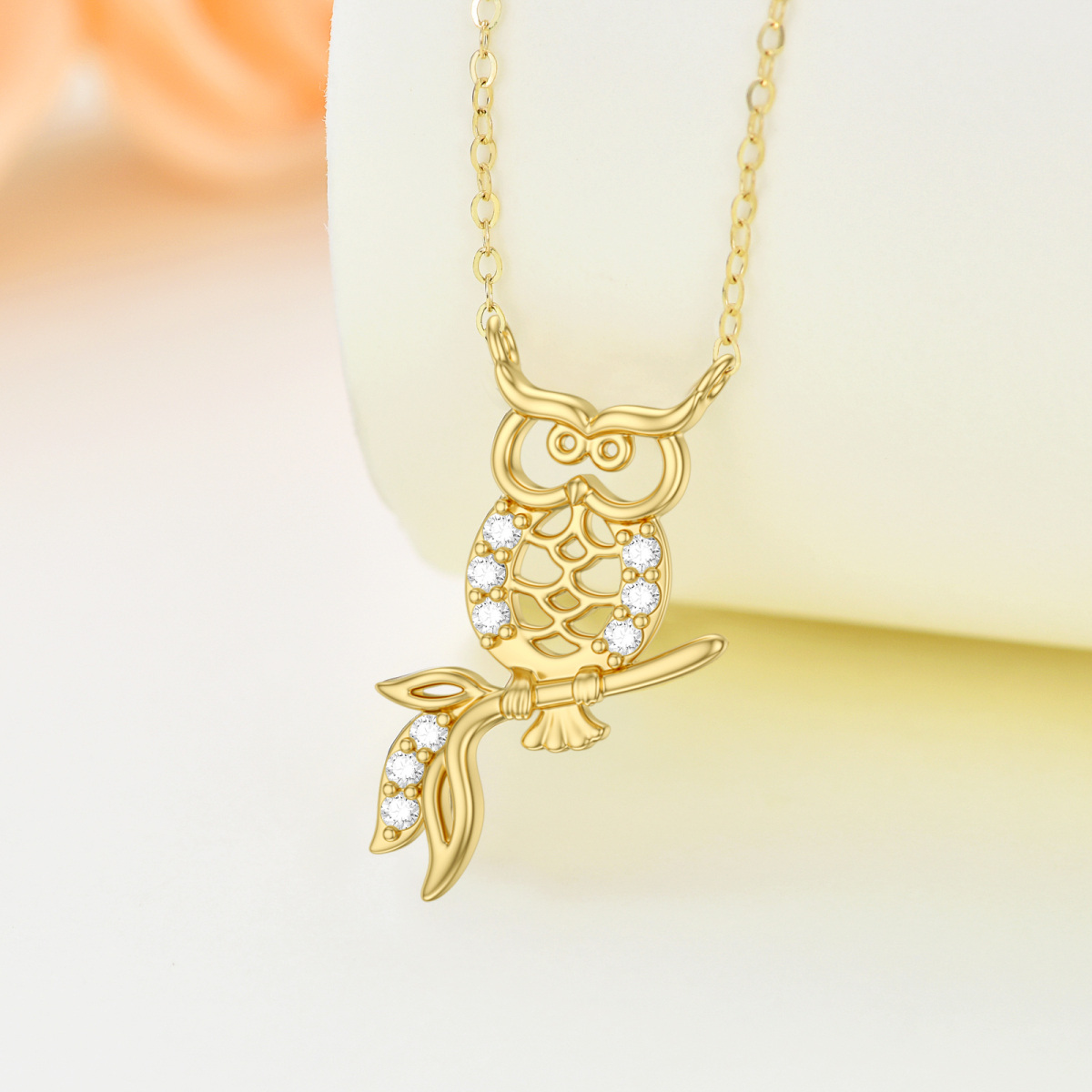 9K Gold Cubic Zirconia Owl Pendant Necklace-5