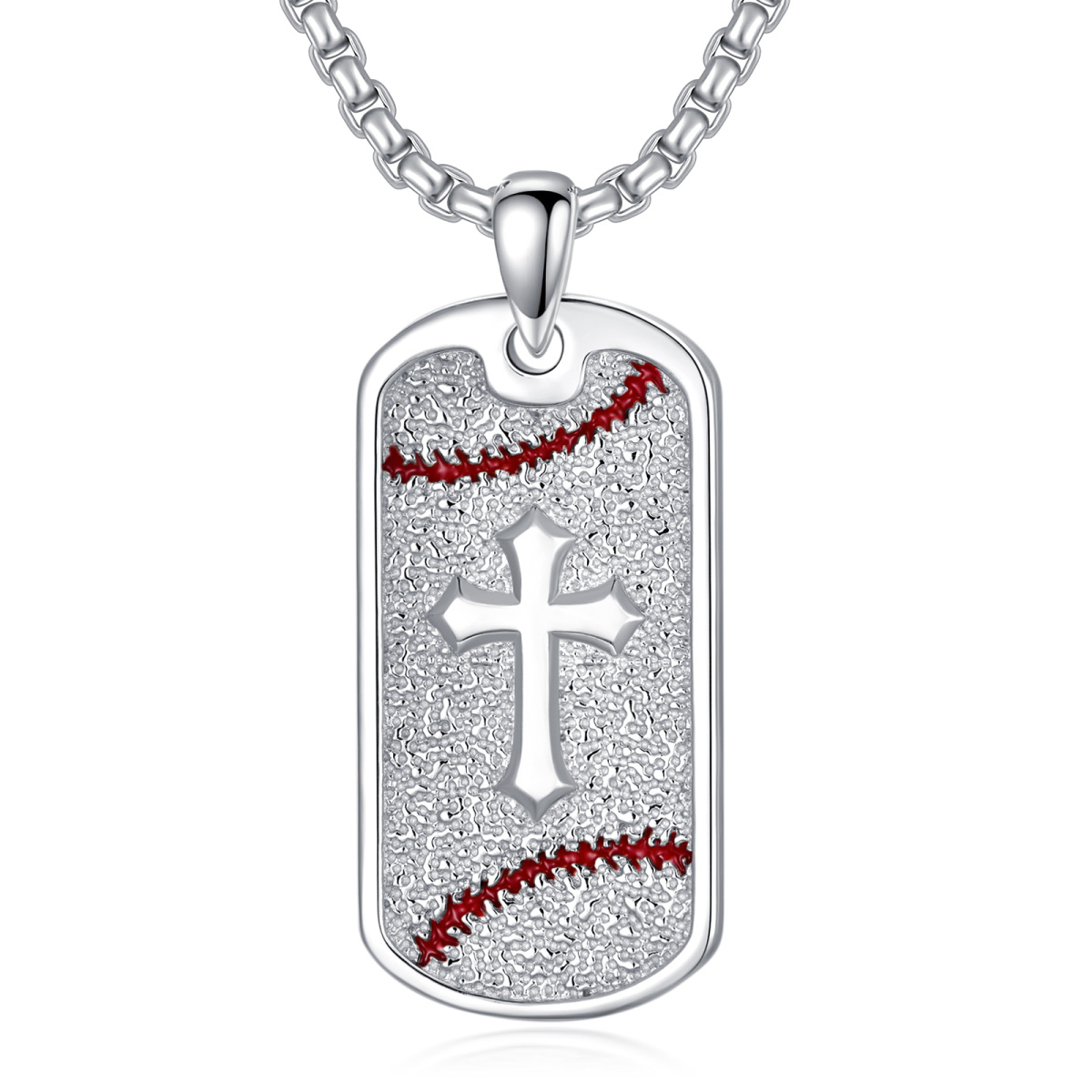 Collar de plata de ley con colgante cuadrado de béisbol y cruz para hombre-1