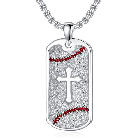 Sterling Silver Baseball & Cross Square Pendant Necklace for Men