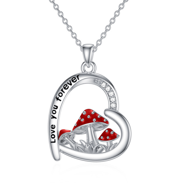 Sterling Silver Round Cubic Zirconia Mushroom & Heart Pendant Necklace with Engraved Word-0