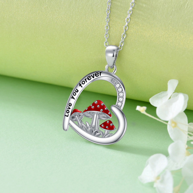 Sterling Silver Round Cubic Zirconia Mushroom & Heart Pendant Necklace with Engraved Word-2