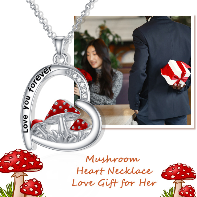 Sterling Silver Round Cubic Zirconia Mushroom & Heart Pendant Necklace with Engraved Word-4