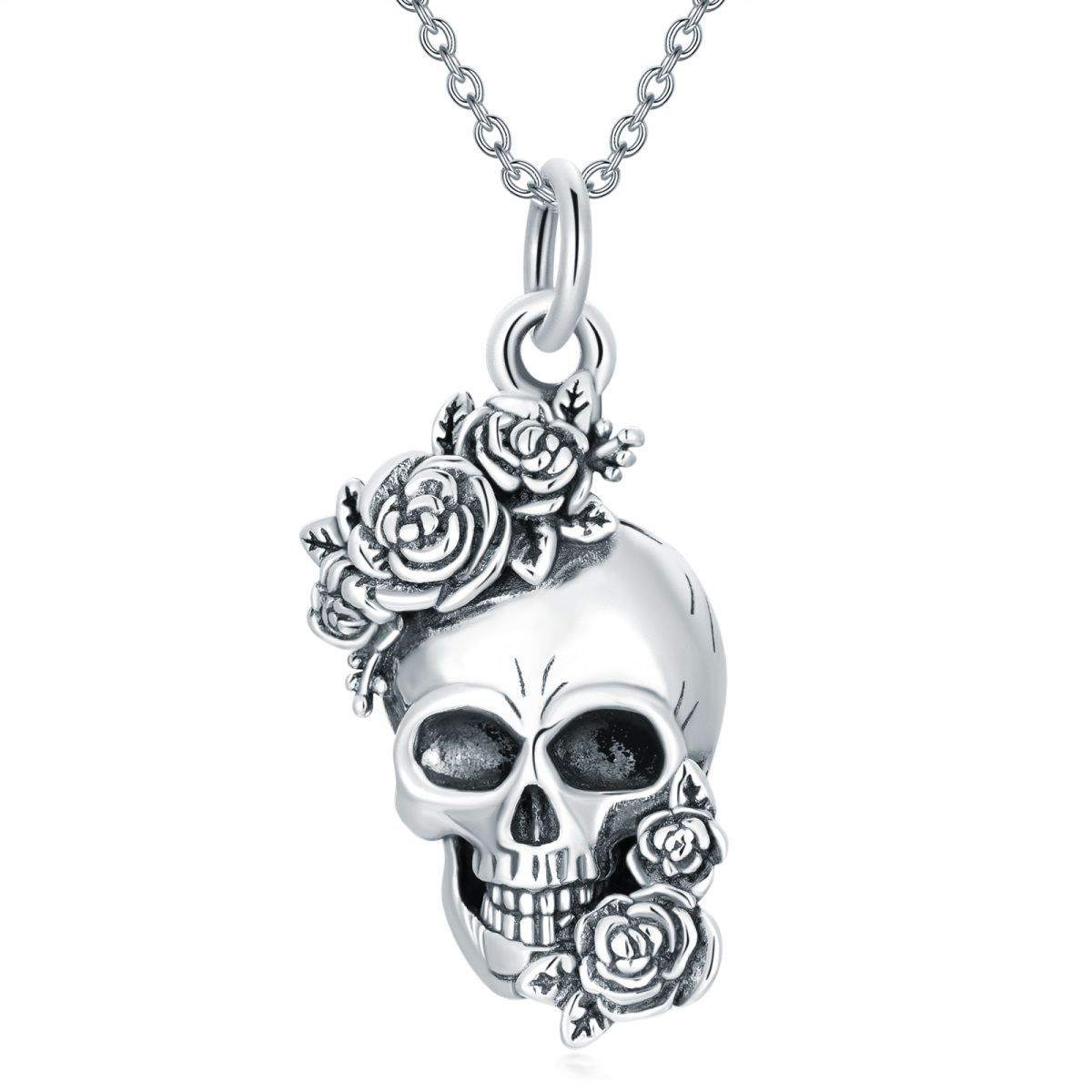Sterling Silver Rose & Skull Pendant Necklace-1