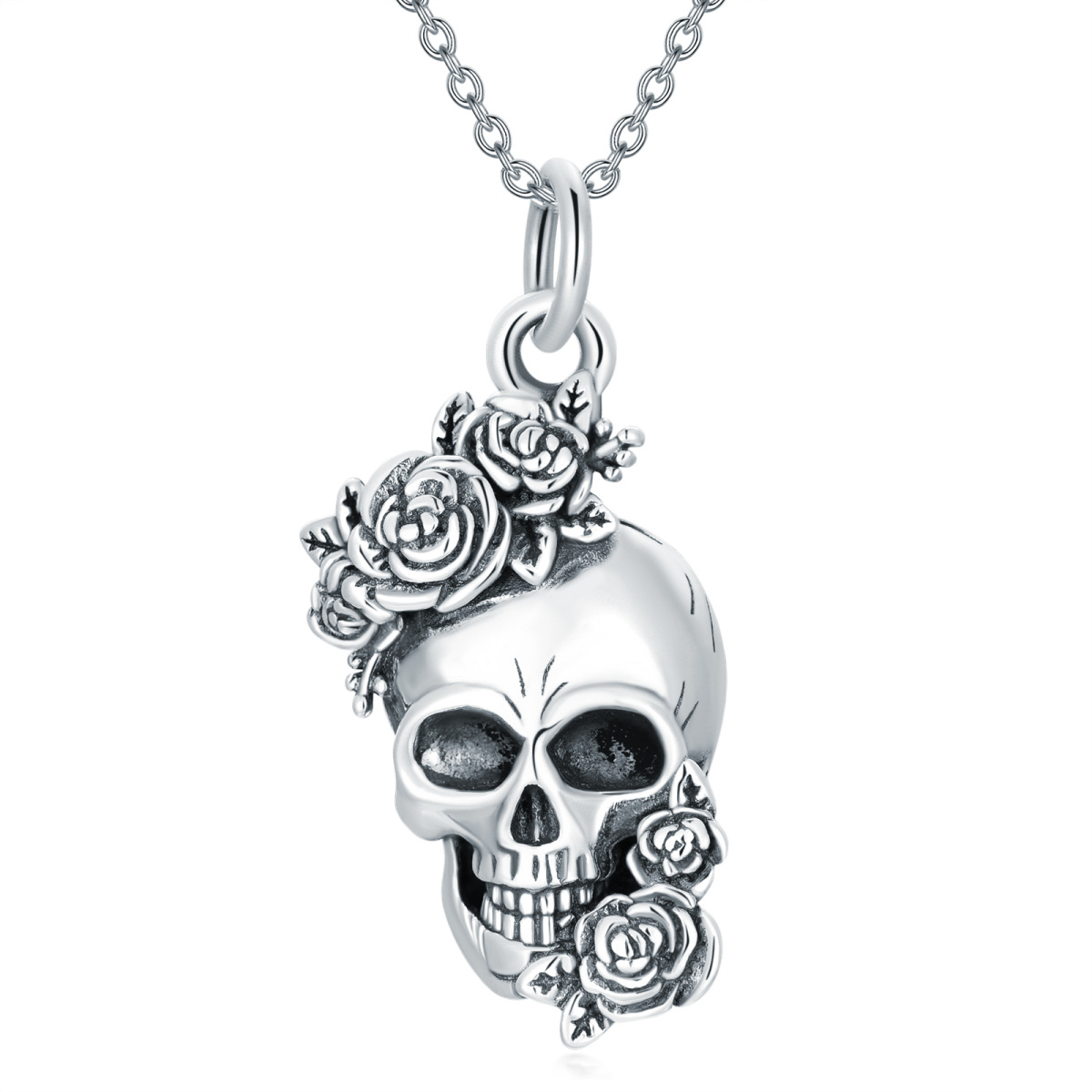 Sterling Silber Rose & Totenkopf Anhänger Halskette-1