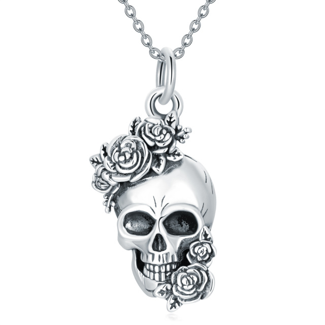 Sterling Silver Rose & Skull Pendant Necklace-0