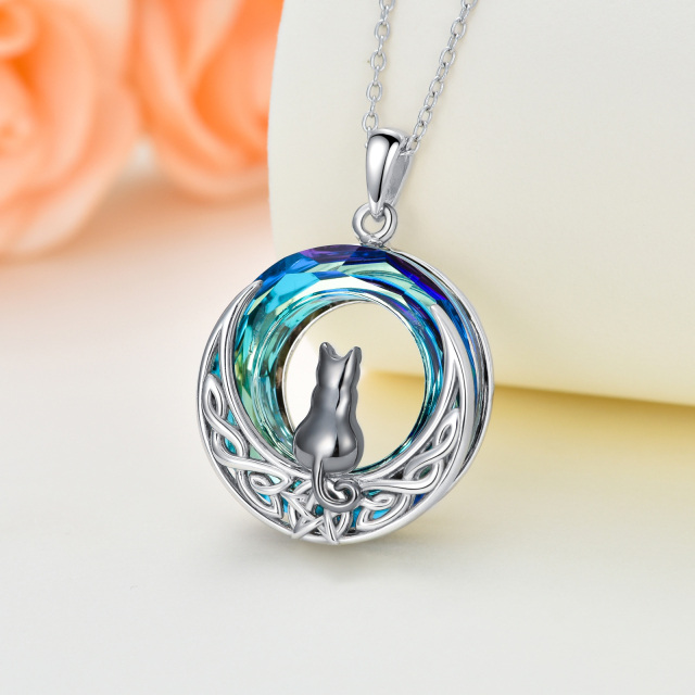 Sterling Silver Two-tone Cat & Celtic Knot & Moon Crystal Pendant Necklace-3