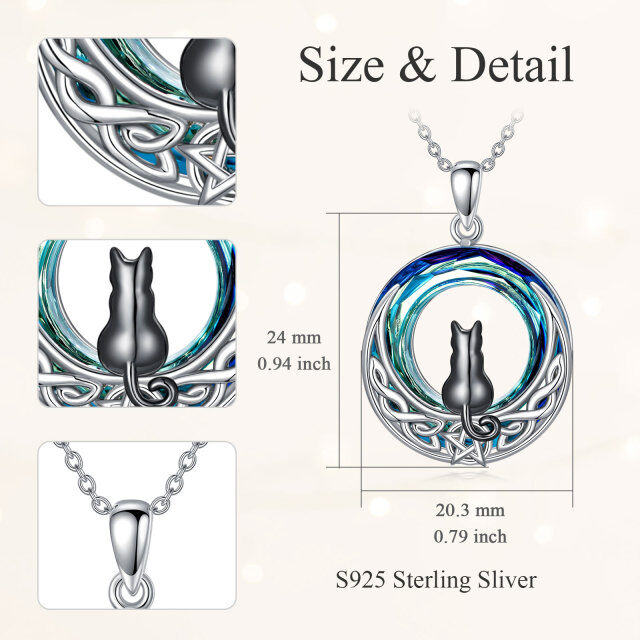 Sterling Silver Two-tone Cat & Celtic Knot & Moon Crystal Pendant Necklace-4