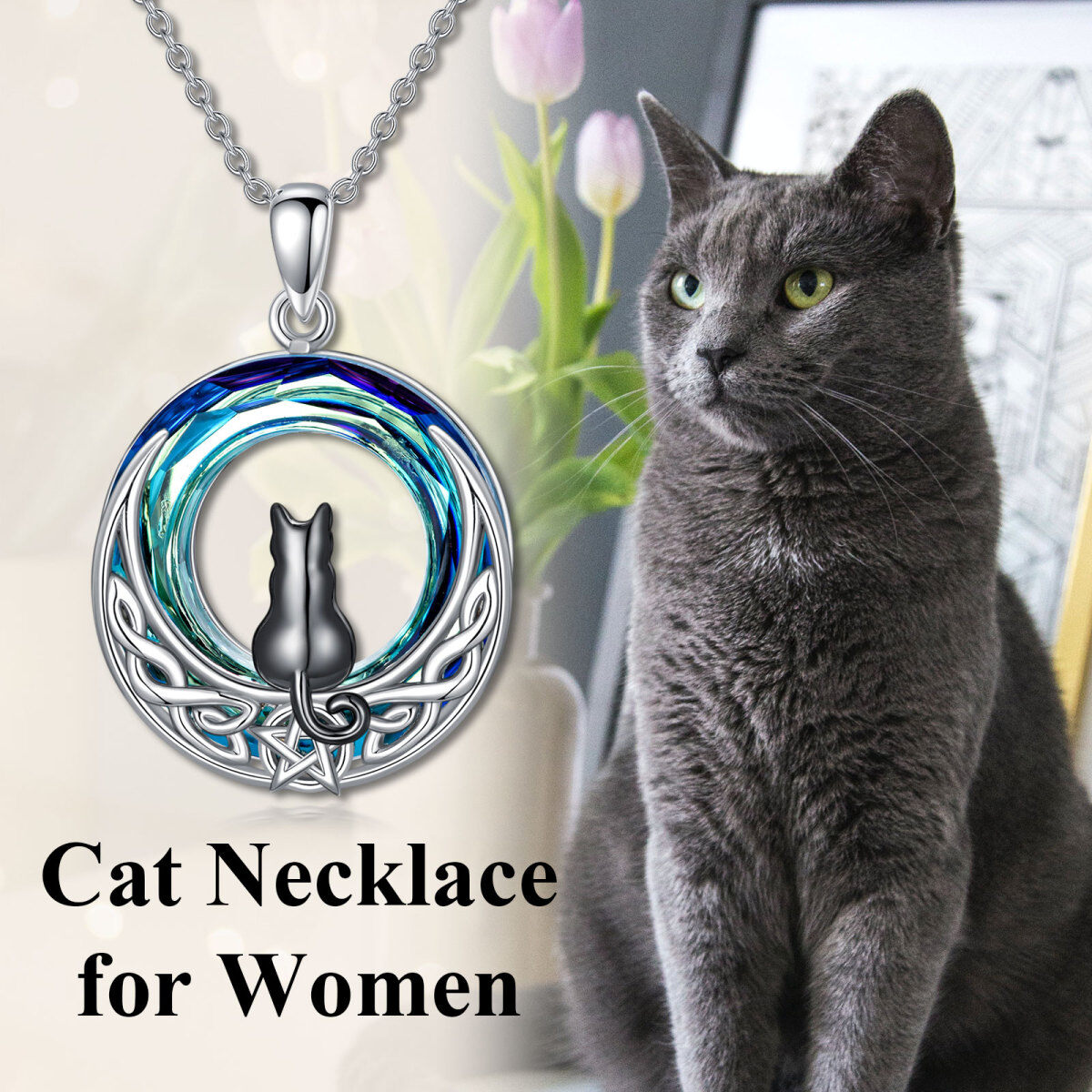 Collar colgante de plata de ley bicolor gato y nudo celta y luna de cristal-6