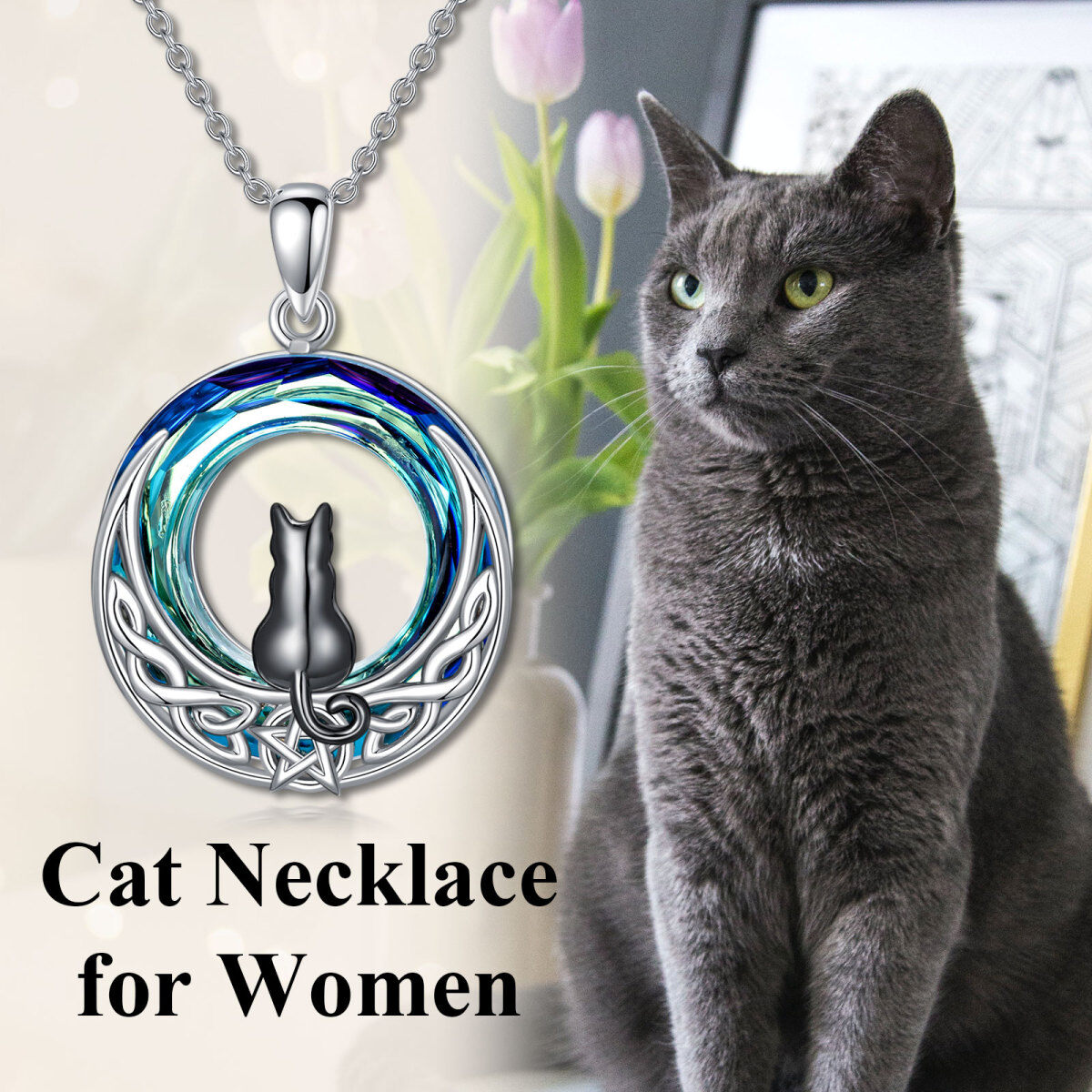 Collier en argent sterling avec pendentif en cristal bicolore chat, nœud celtique et lune-6