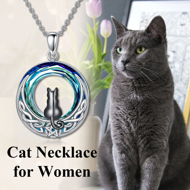 Collier en argent sterling avec pendentif en cristal bicolore chat, nœud celtique et lune-5