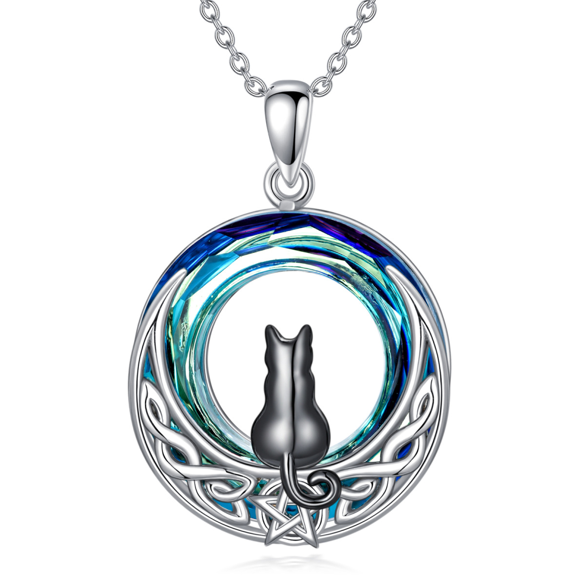 Sterling Silver Two-tone Cat & Celtic Knot & Moon Crystal Pendant Necklace-1