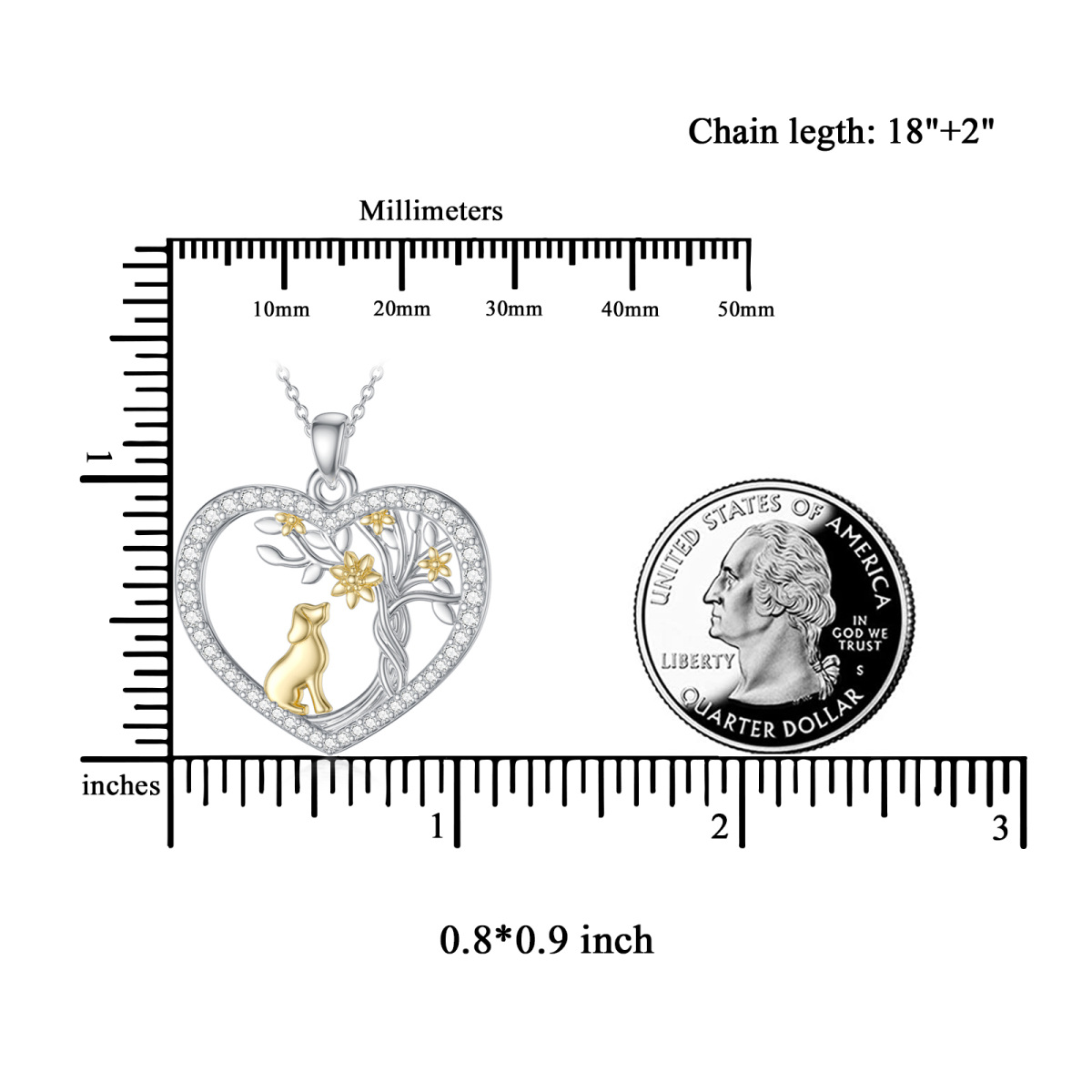 Sterling Silber zweifarbig rund Zirkon Hund & Herz Anhänger Halskette-4