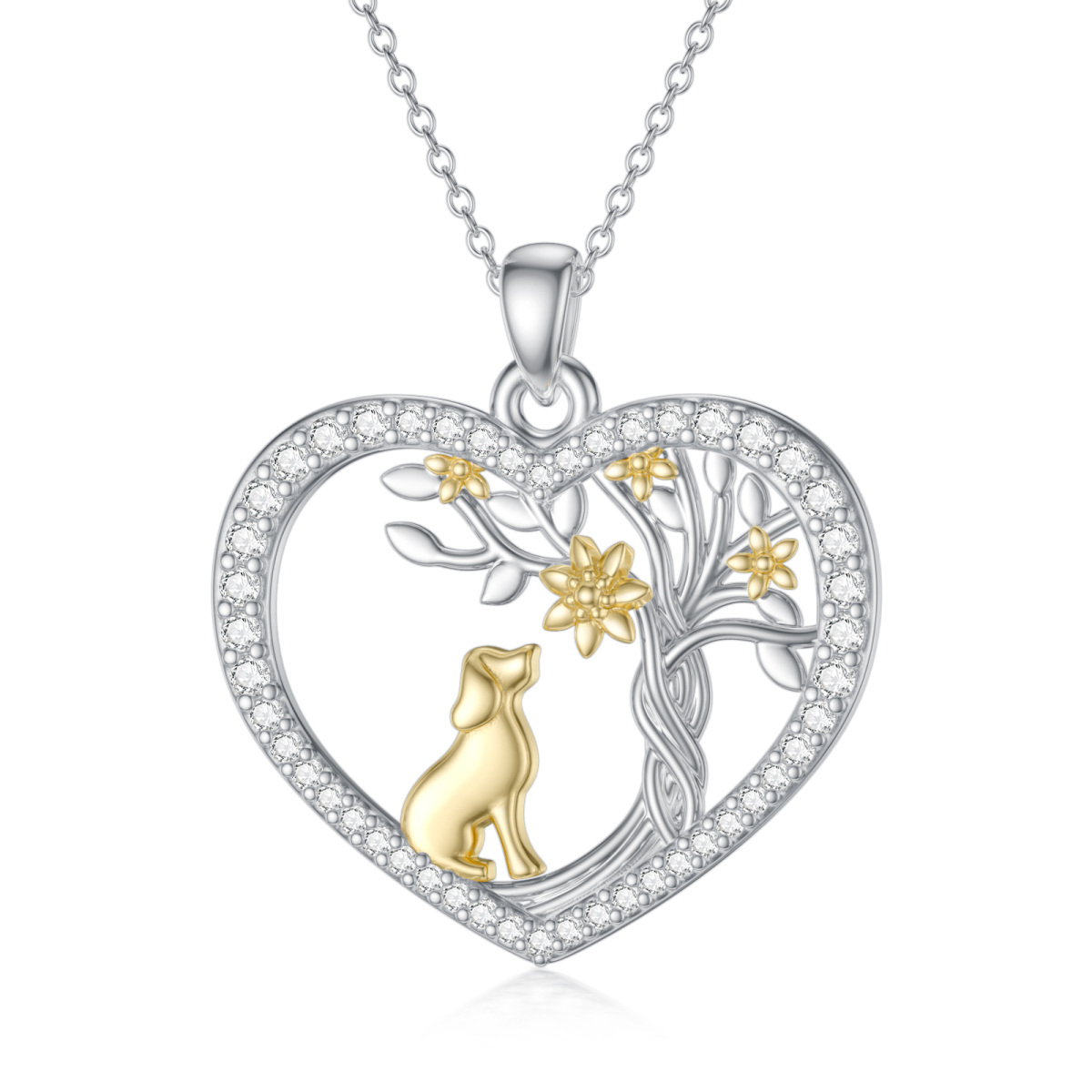 Sterling Silver Two-tone Round Zircon Dog & Heart Pendant Necklace-1