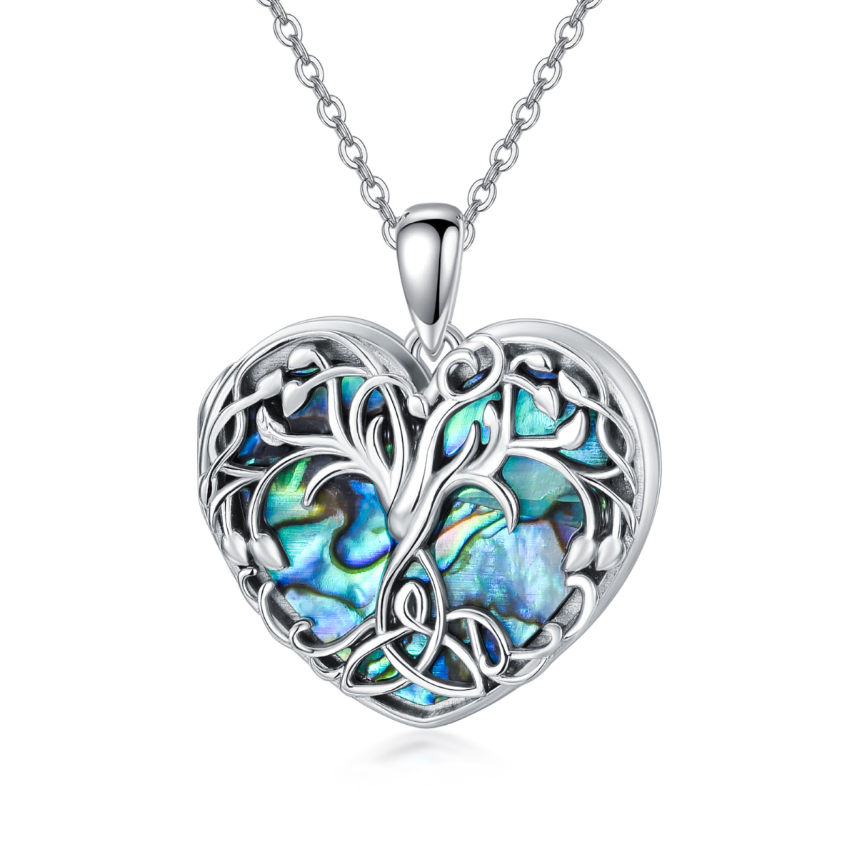 Sterling Silver Heart Shaped Abalone Shellfish Tree Of Life & Heart Personalized Photo Locket Necklace-1