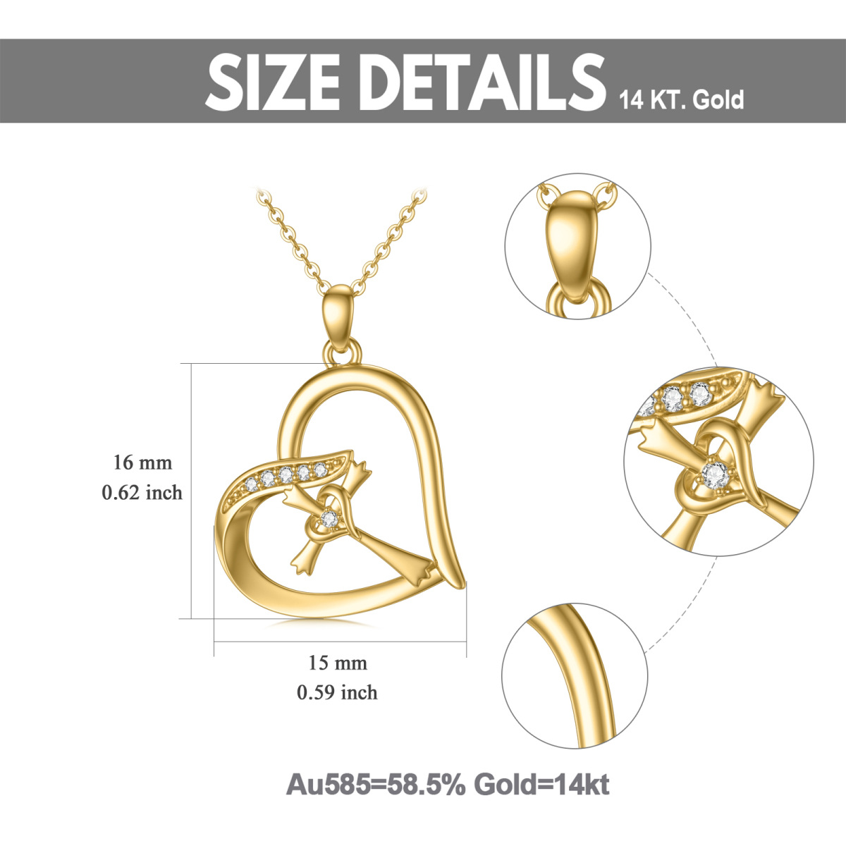14K Gold Cubic Zirkonia Kreuz & Doppelherz-Anhänger Halskette-5