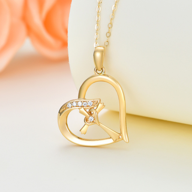 14K Gold Cubic Zirconia Cross & Double Heart Pendant Necklace-3