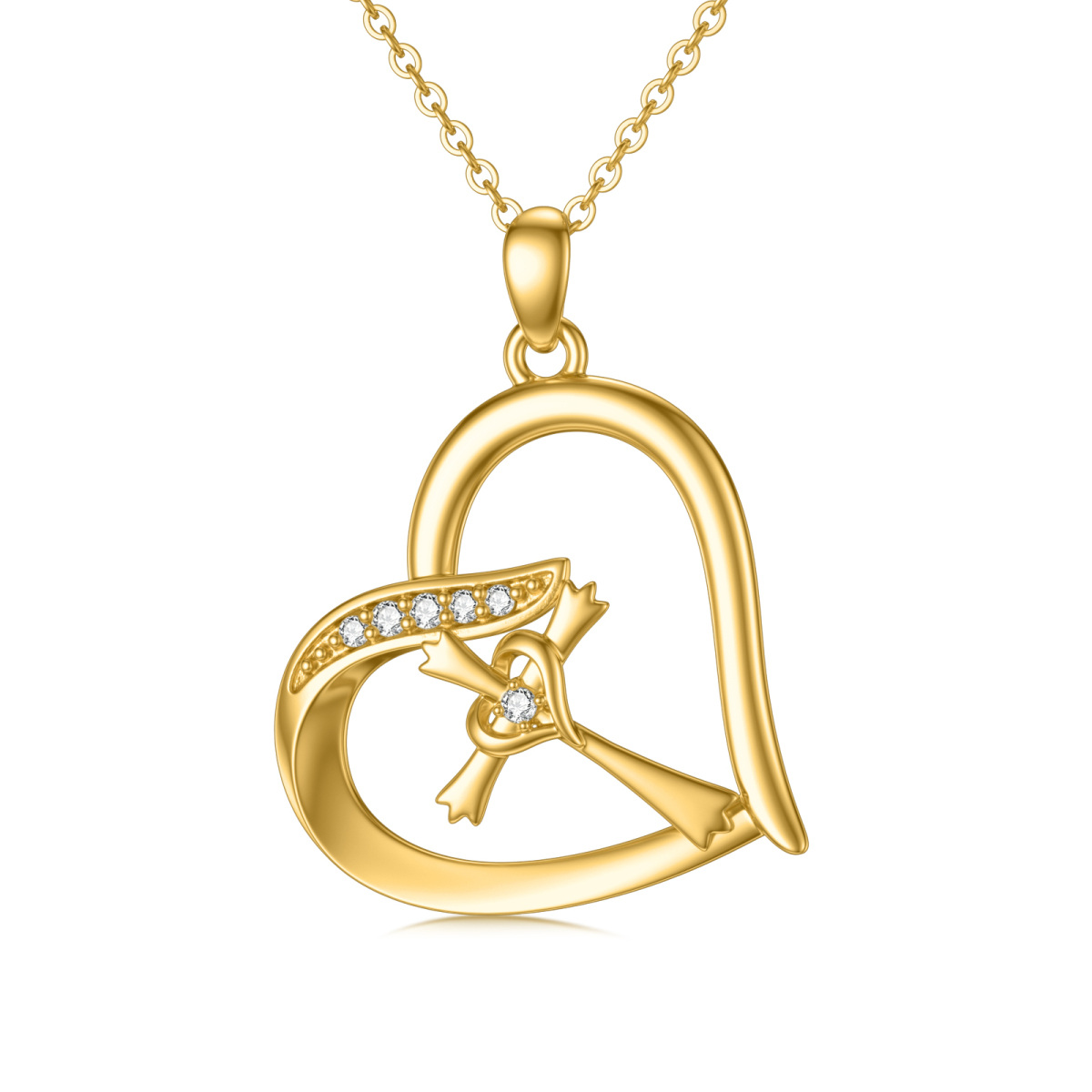 14K Gold Cubic Zirconia Cross & Double Heart Pendant Necklace-1