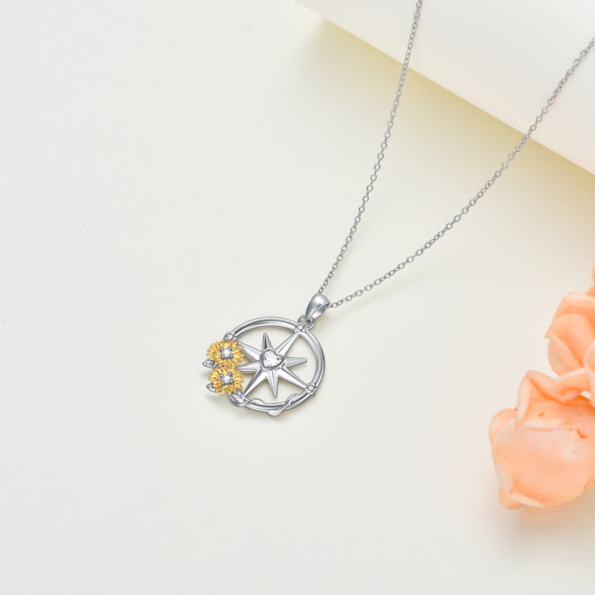 Sterling Silver Two-tone Heart Shaped Cubic Zirconia Sunflower & Compass Pendant Necklace-4