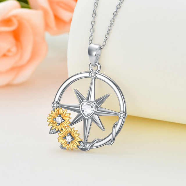 Sterling Silver Two-tone Heart Shaped Cubic Zirconia Sunflower Compass Pendant Necklace-3