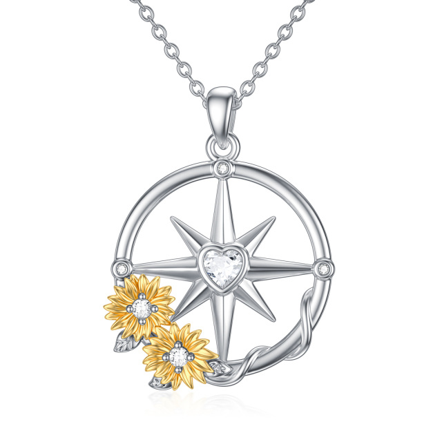 Sterling Silver Two-tone Heart Shaped Cubic Zirconia Sunflower Compass Pendant Necklace-1