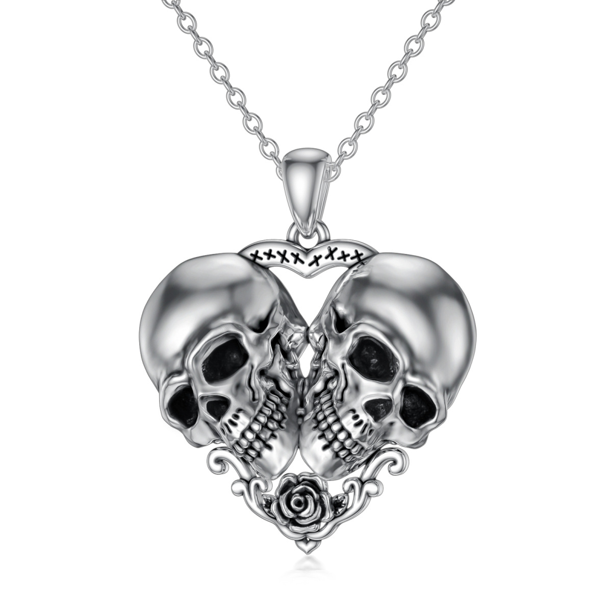 Collar de plata de ley con colgante de rosa, corazón y calavera-1