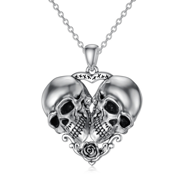 Sterling Silver Rose & Heart & Skull Pendant Necklace-0