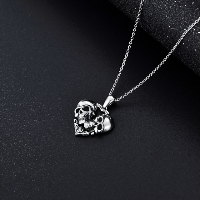 Sterling Silver Rose & Heart & Skull Pendant Necklace-3