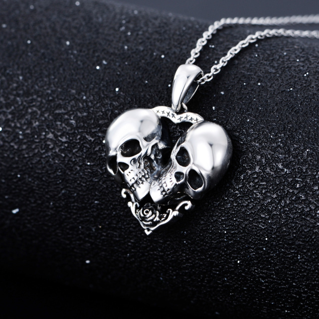 Sterling Silver Rose & Heart & Skull Pendant Necklace-2