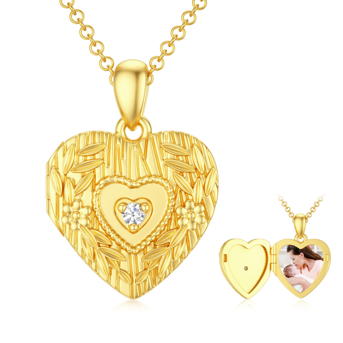 Sterling Silver with Yellow Gold Plated Cubic Zirconia Personalized Photo & Heart Personalized Photo Locket Necklace-1