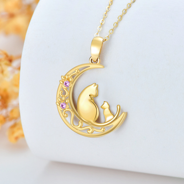 9K Gold Circular Shaped Cubic Zirconia Cat & Paw & Moon Pendant Necklace-2