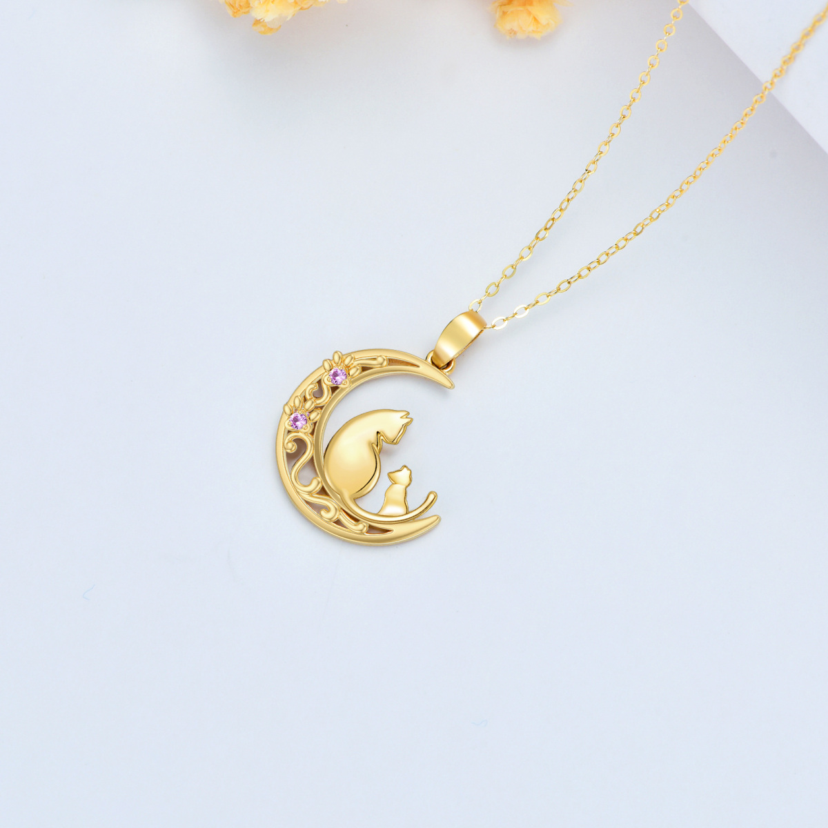 9K Gold Circular Shaped Cubic Zirconia Cat & Paw & Moon Pendant Necklace-4