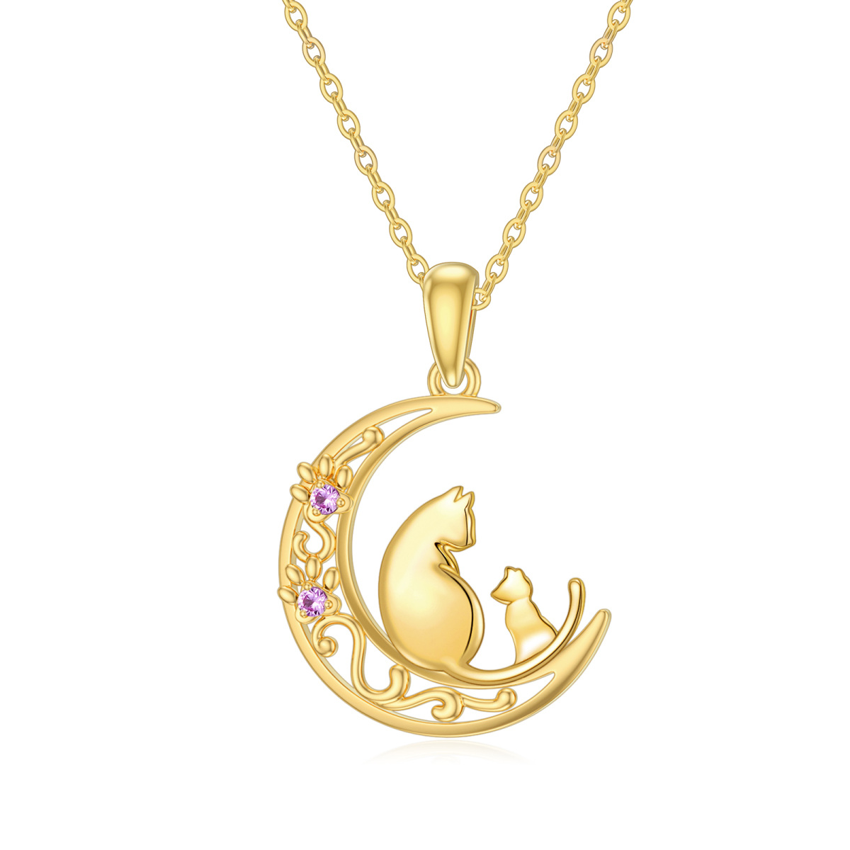 9K Gold Circular Shaped Cubic Zirconia Cat & Paw & Moon Pendant Necklace-1