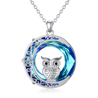 Owl Necklace 925 Sterling Silver Crescent Moon Owl Pendant Necklace With Blue Crystal Jewelry Gifts for Women Girl