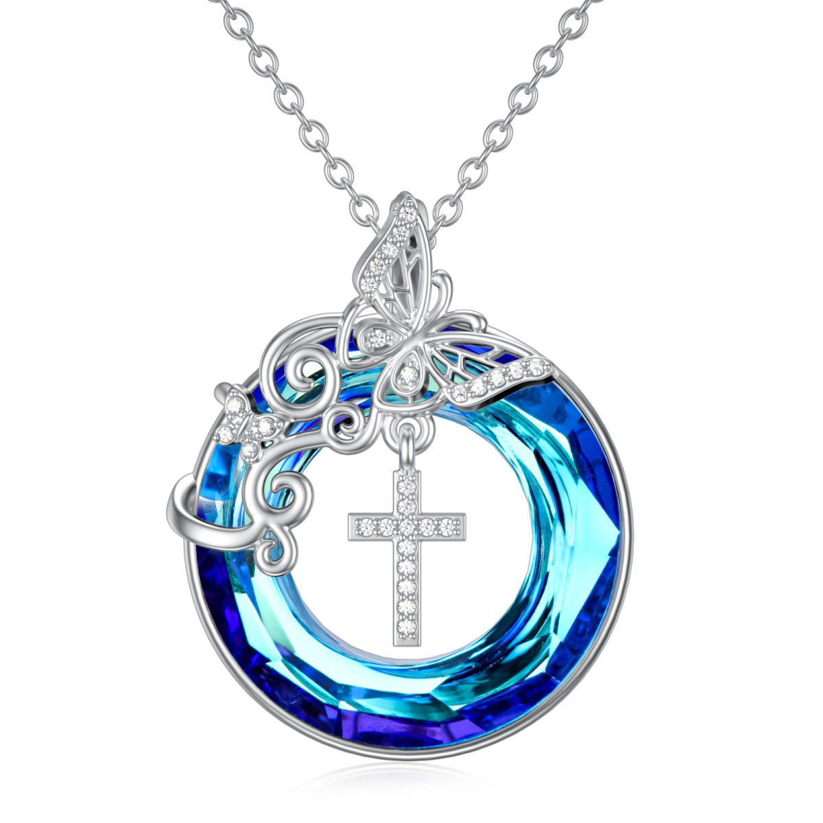 Sterling Silver Circular Shaped Butterfly & Cross Crystal Pendant Necklace-1
