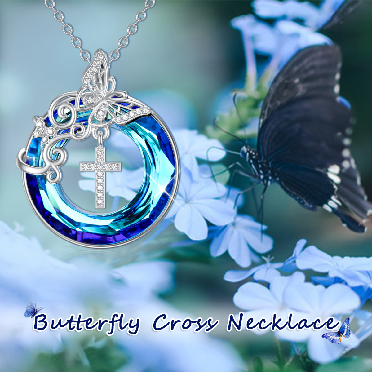 Sterling Silver Circular Shaped Butterfly & Cross Crystal Pendant Necklace-5