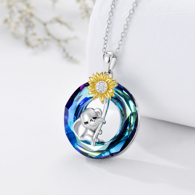 Sterling Silver Two-tone Circular Shaped Elephant & Sunflower Crystal Pendant Necklace-3
