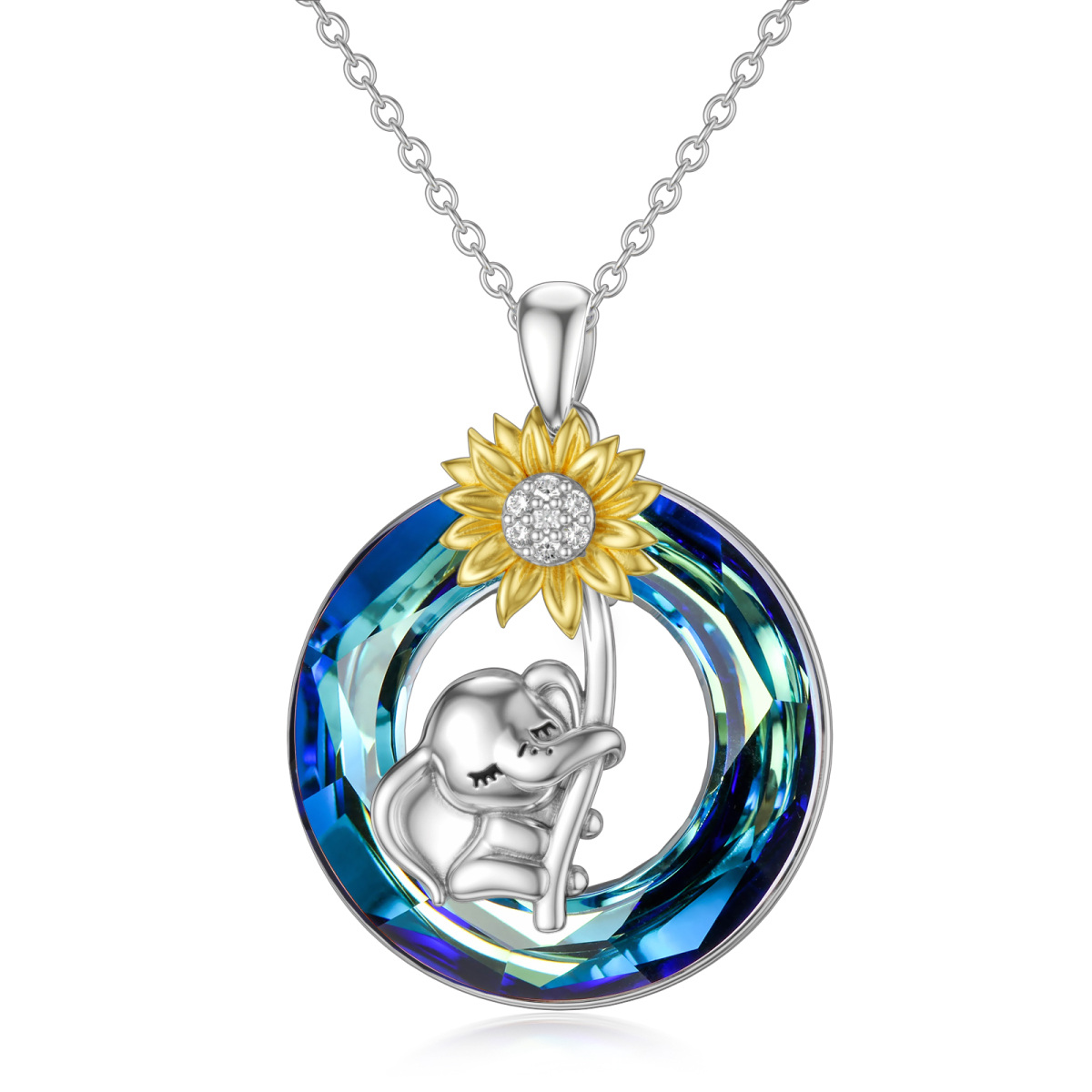 Sterling Silver Two-tone Circular Shaped Elephant & Sunflower Crystal Pendant Necklace-1