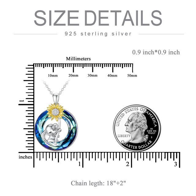 Sterling Silver Two-tone Circular Shaped Elephant & Sunflower Crystal Pendant Necklace-4