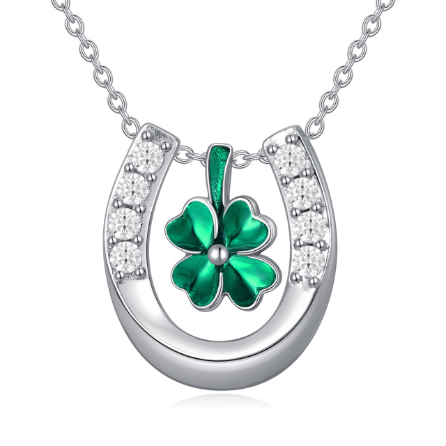 Sterling Silver Circular Shaped Cubic Zirconia Four Leaf Clover & Horseshoe Pendant Necklace-0