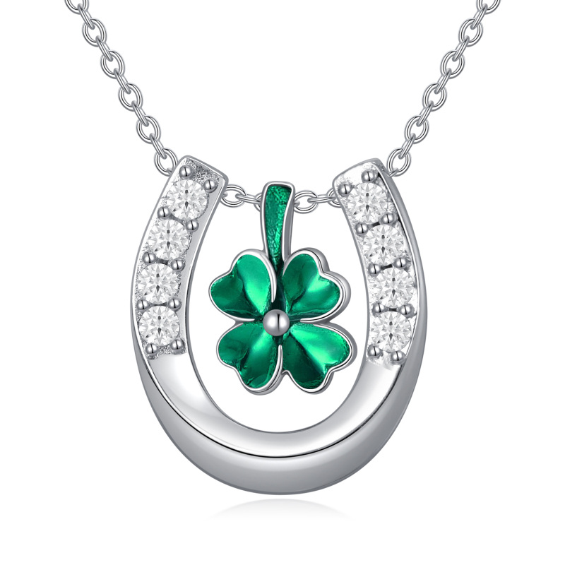 Sterling Silver Circular Shaped Cubic Zirconia Four Leaf Clover & Horseshoe Pendant Necklace