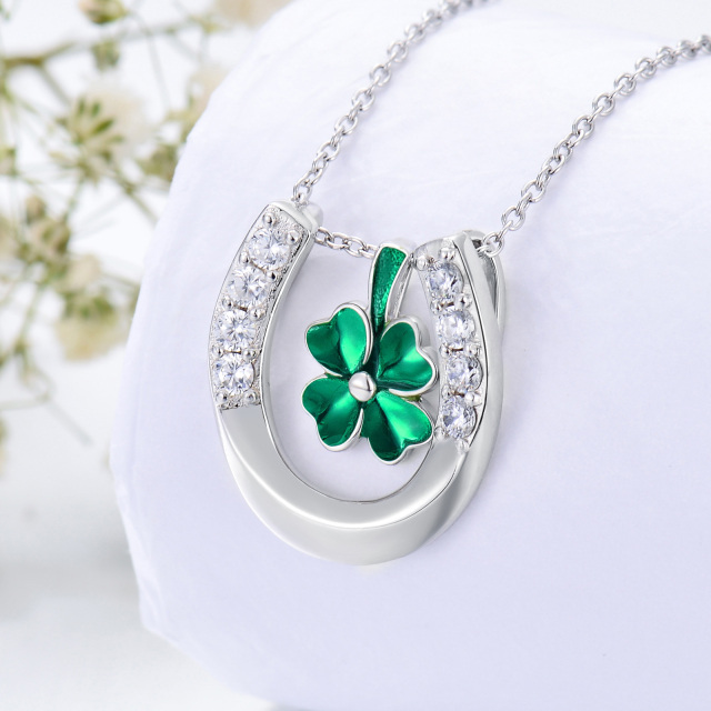 Sterling Silver Circular Shaped Cubic Zirconia Four Leaf Clover & Horseshoe Pendant Necklace-2