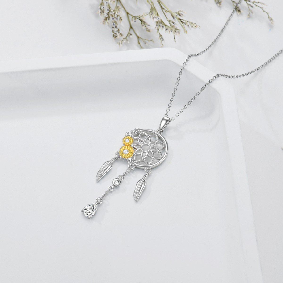 Collier en argent sterling avec pendentif tournesol et attrape-rêves en zircon cubique bic-4