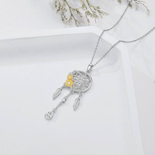 Sterling Silver Two-tone Cubic Zirconia Sunflower & Dream Catcher Pendant Necklace-4