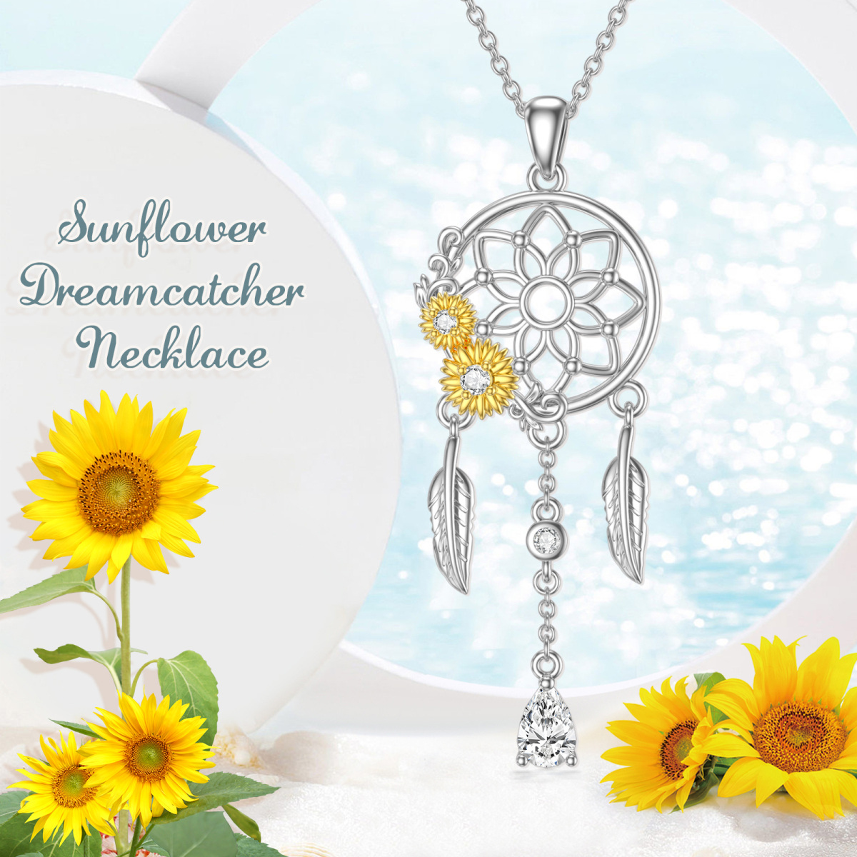 Sterling Silver Two-tone Cubic Zirconia Sunflower & Dream Catcher Pendant Necklace-6