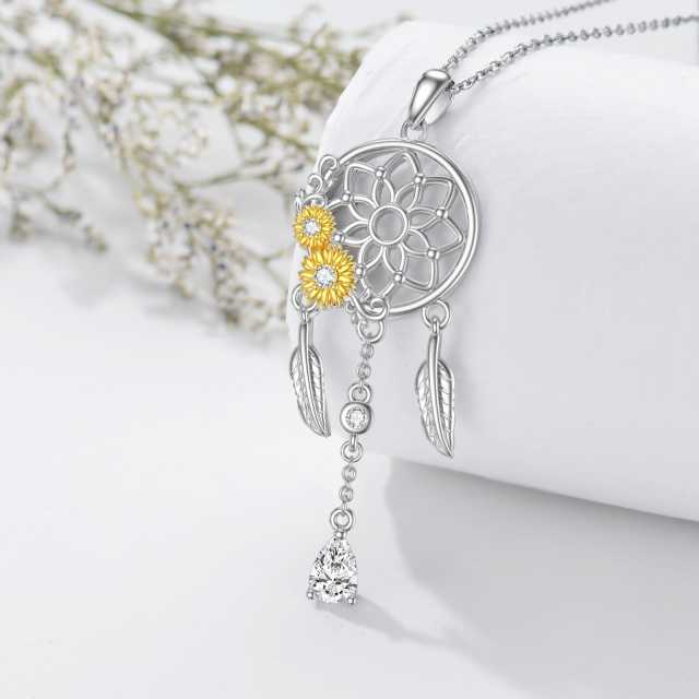 Sterling Silver Two-tone Cubic Zirconia Sunflower & Dream Catcher Pendant Necklace-3