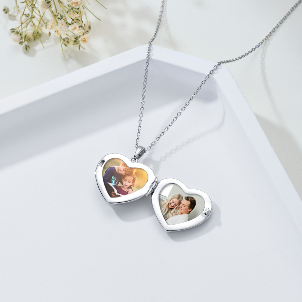 Sterling Silver Two-tone Round Zircon Personalized Photo & Heart Personalized Photo Locket Necklace-5