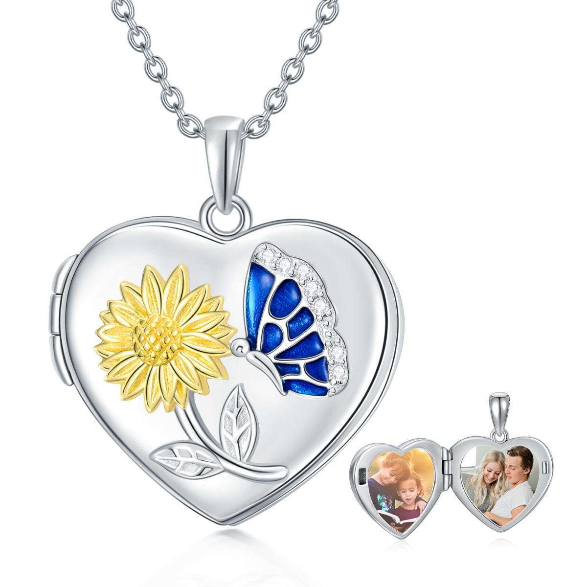 Sterling Silver Two-tone Round Zircon Personalized Photo & Heart Personalized Photo Locket Necklace-1